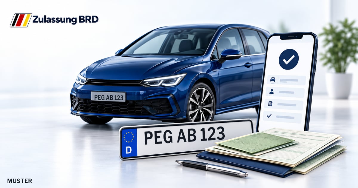 Online Fahrzeugzulassung in Pegnitz: Musterkennzeichen PEG AB 123, Auto und Fahrzeugpapiere und Smartphone. Illustration mit Logo von Zulassung BRD.